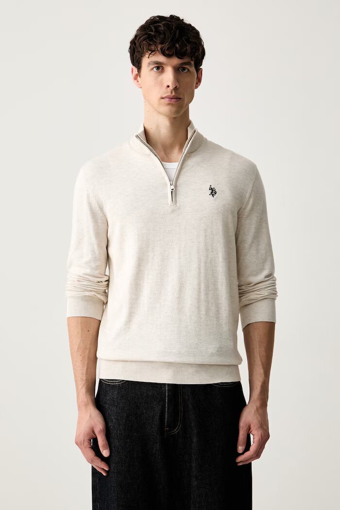 U.S. Polo Assn. пуловер мъжки с памук Rich Funnel 1/4 Zip бежов MUP2963