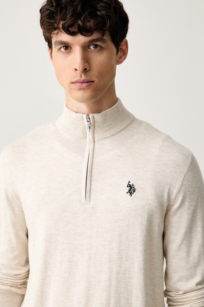 U.S. Polo Assn. пуловер мъжки с памук Rich Funnel 1/4 Zip бежов MUP2963