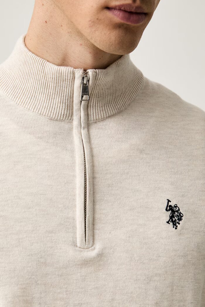 U.S. Polo Assn. пуловер мъжки с памук Rich Funnel 1/4 Zip бежов MUP2963