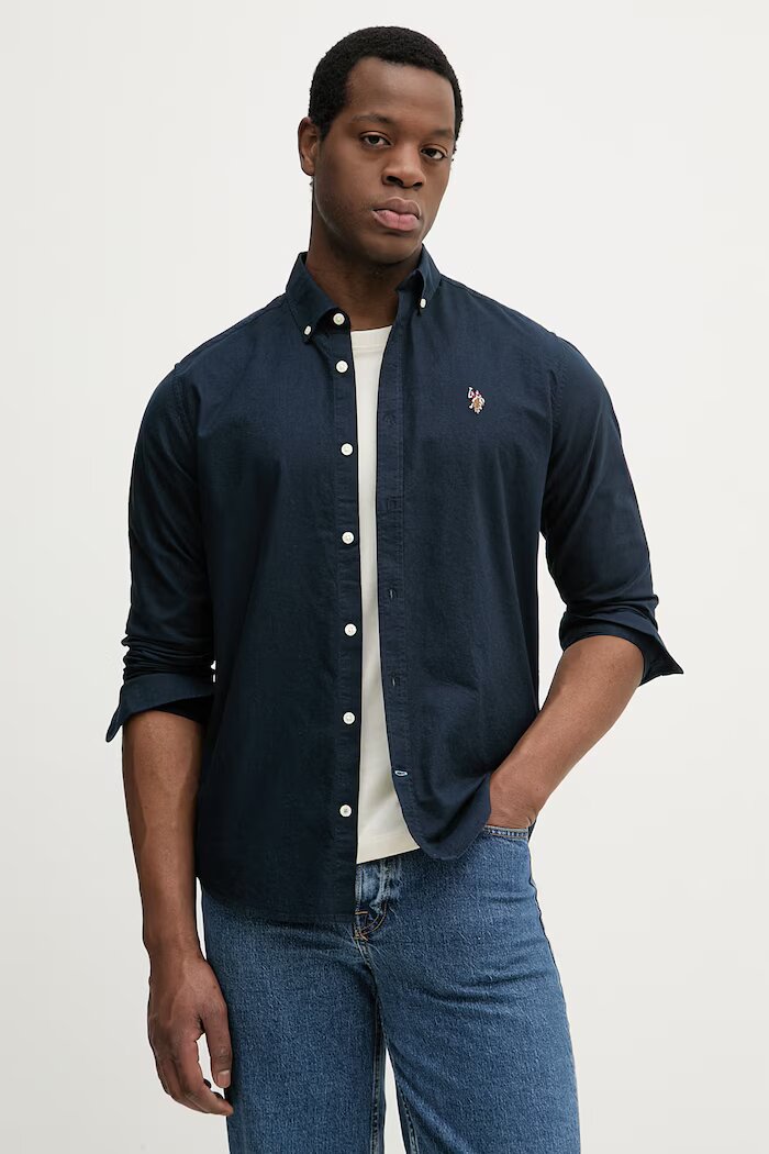 U.S. Polo Assn. риза мъжка от памук PEACHED OXFORD LS тъмносиня MUP3247