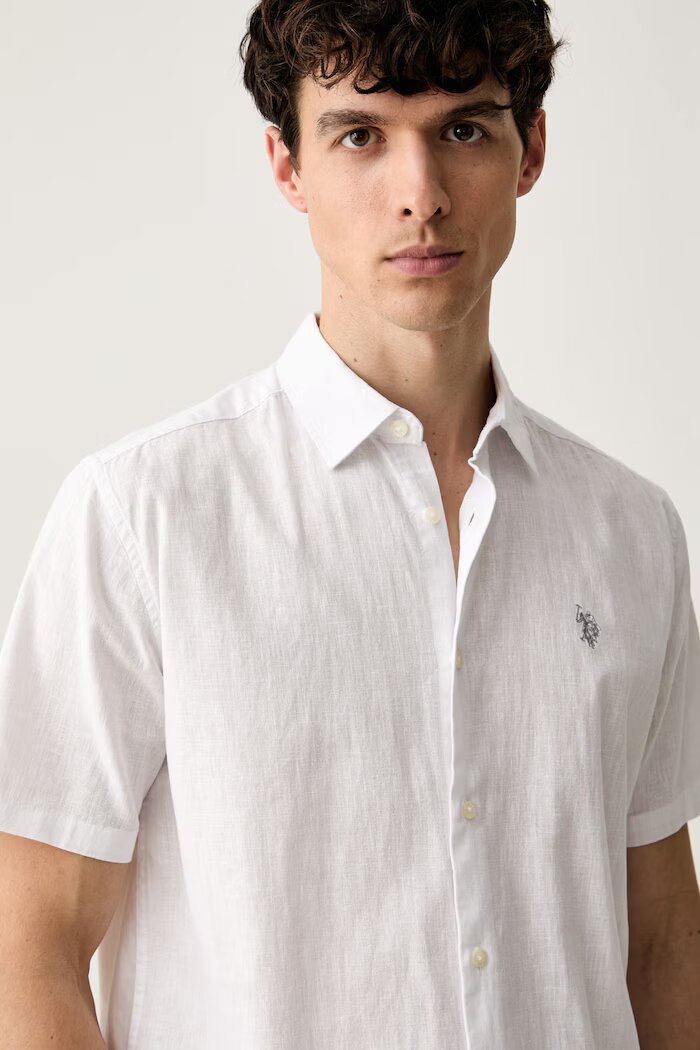 U.S. Polo Assn. риза мъжка с добавен лен LINEN BLEND SS бяла MUP3254