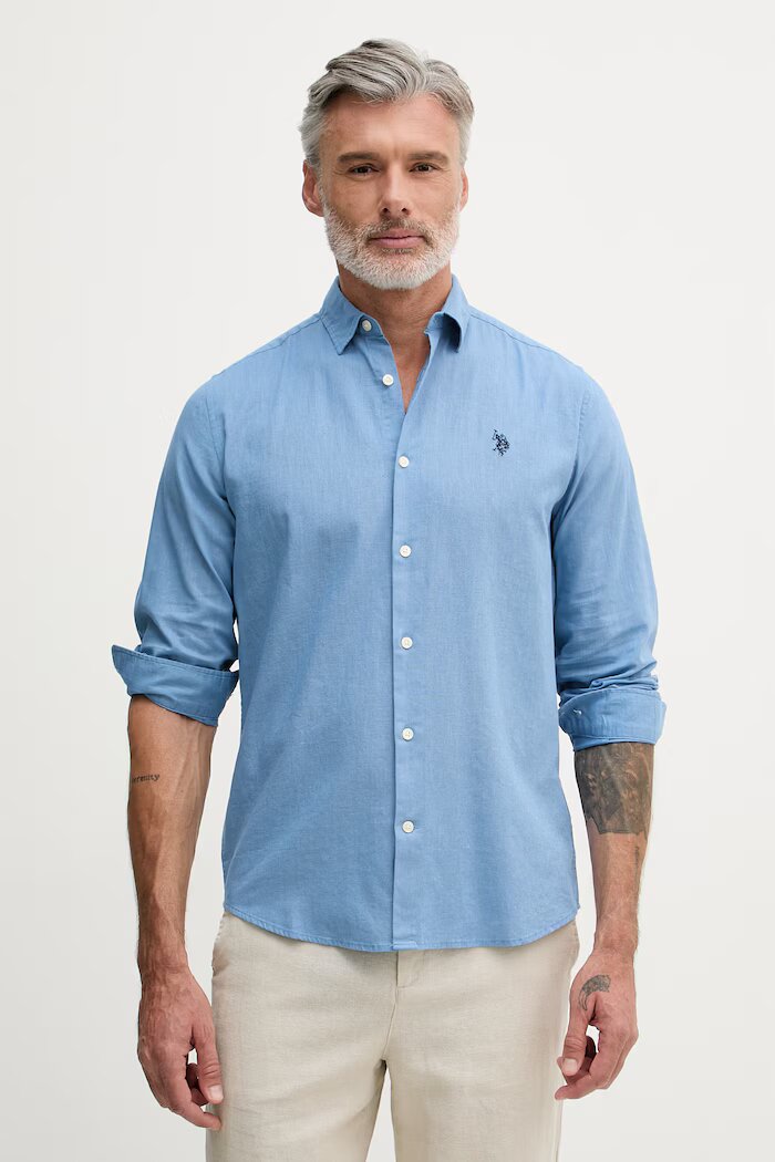 U.S. Polo Assn. риза мъжка с памук LINEN BLEND LS синя с изчистена шарка MUP3248