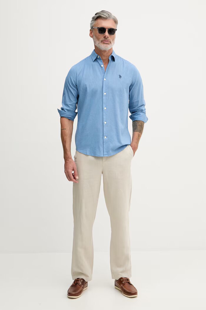 U.S. Polo Assn. риза мъжка с памук LINEN BLEND LS синя с изчистена шарка MUP3248