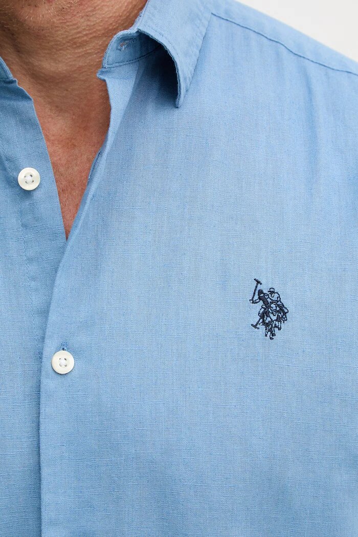 U.S. Polo Assn. риза мъжка с памук LINEN BLEND LS синя с изчистена шарка MUP3248