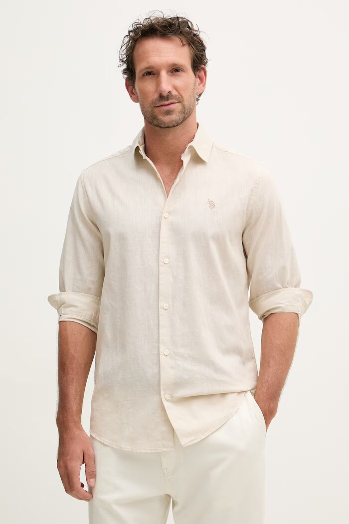 U.S. Polo Assn. Сафари риза мъжка с лен LINEN BLEND LS бежова с изчистена шарка MUP3248