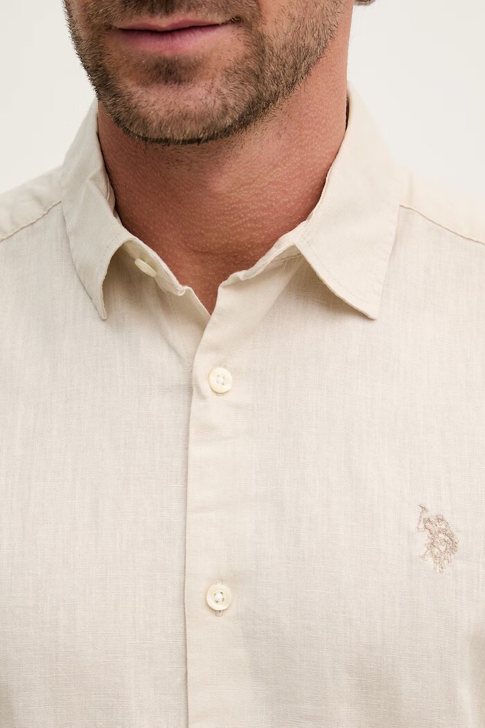 U.S. Polo Assn. Сафари риза мъжка с лен LINEN BLEND LS бежова с изчистена шарка MUP3248