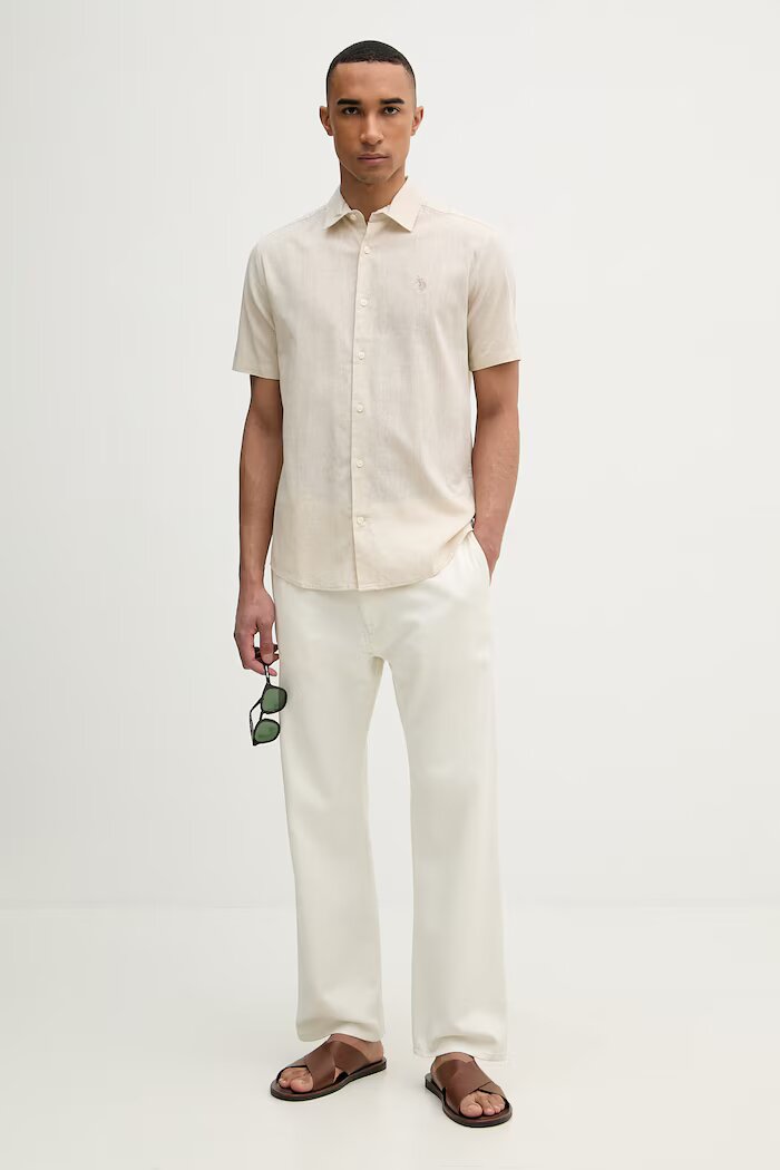 U.S. Polo Assn. сафари риза мъжка с лен LINEN BLEND SS бежова MUP3254-J54