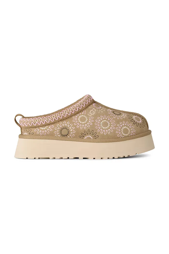 UGG пантофи дамски от велур W Tazz Sun Stitch бежови 1178193.MDSD