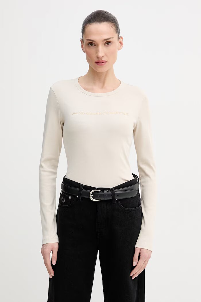 United Colors of Benetton блуза с дълги ръкави дамска от памук бежова 3GA8E16G0