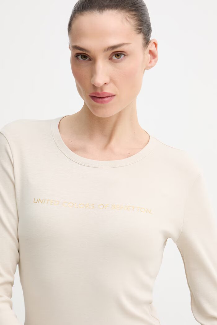 United Colors of Benetton блуза с дълги ръкави дамска от памук бежова 3GA8E16G0