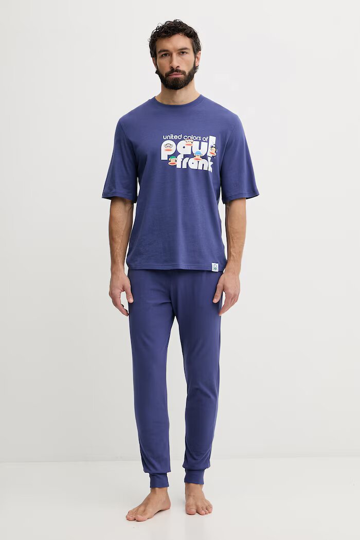 United Colors of Benetton горнище на пижама мъжко памучно тъмносиньо 3VR54M02A