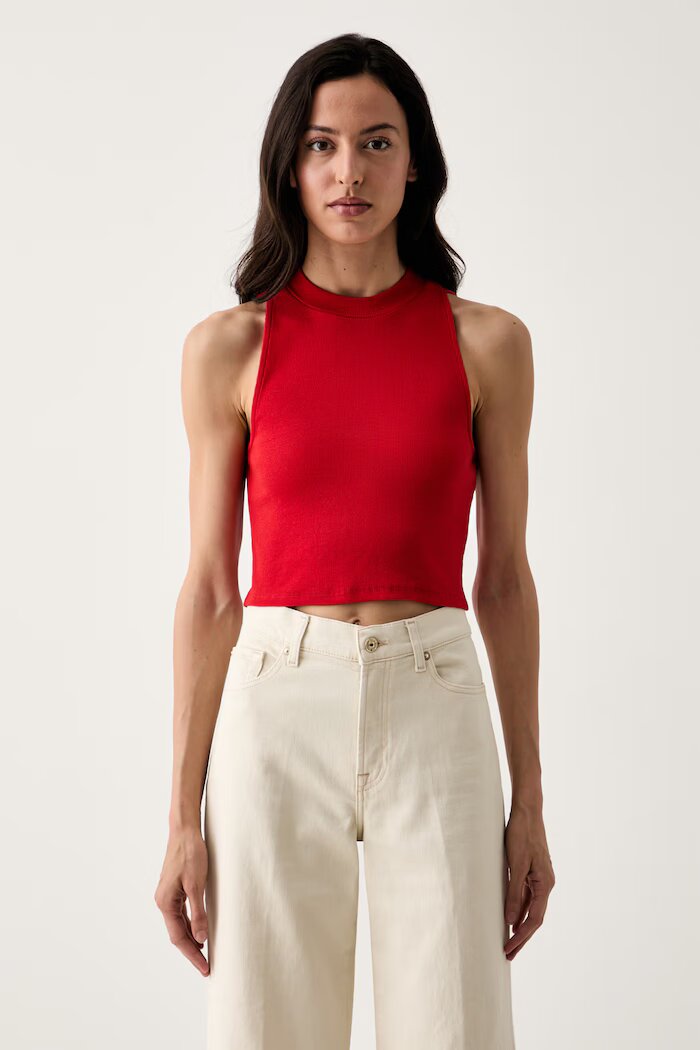 United Colors of Benetton къс топ дамски от памук с еластан червен 3O4YDH01E