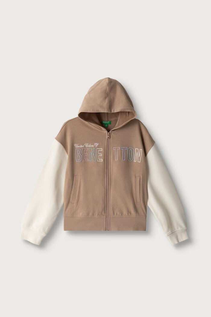 United Colors of Benetton суичър с цип и качулка за деца от памук бежов 3J68C506D