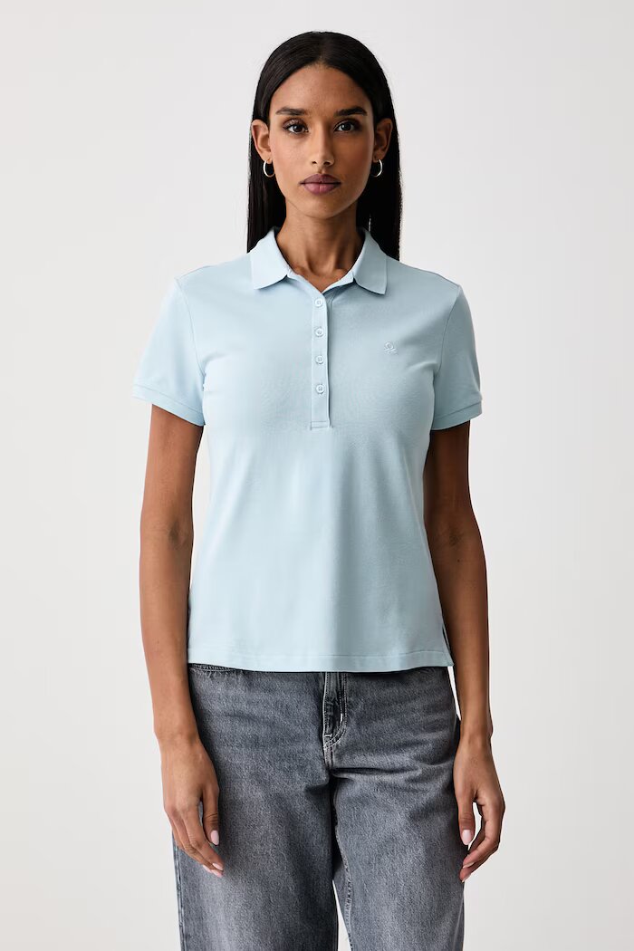 United Colors of Benetton тениска с яка дамска от памук с еластан синя 3TQJD300W