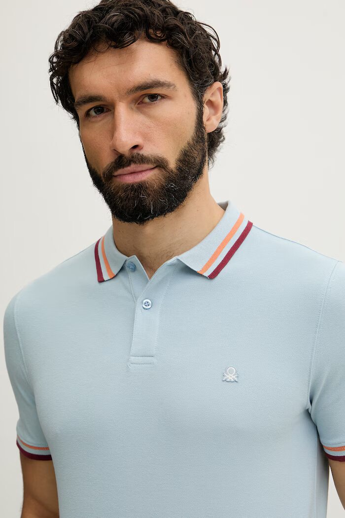 United Colors of Benetton тениска с яка мъжка от памук с еластан синя 3F9HU302W
