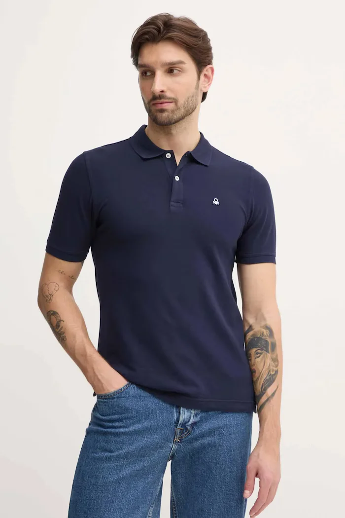 United Colors of Benetton тениска с яка мъжка от памук с еластан тъмносиня 3WG9U301Z