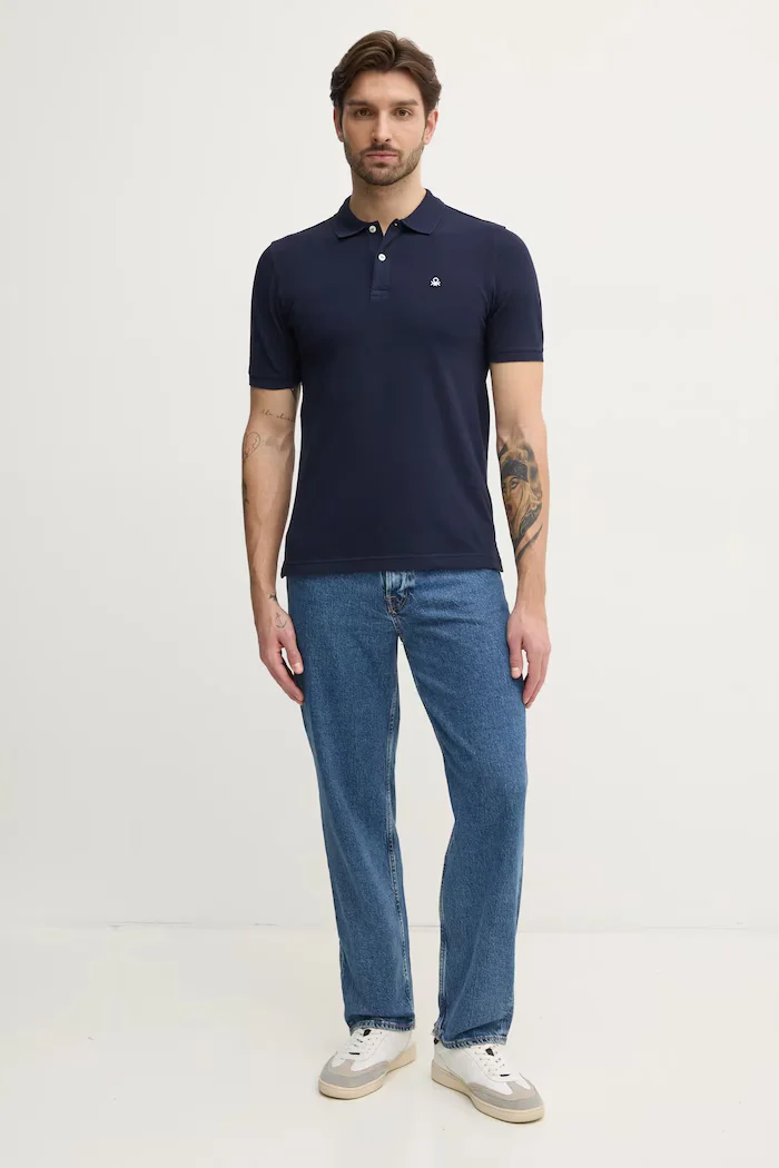 United Colors of Benetton тениска с яка мъжка от памук с еластан тъмносиня 3WG9U301Z
