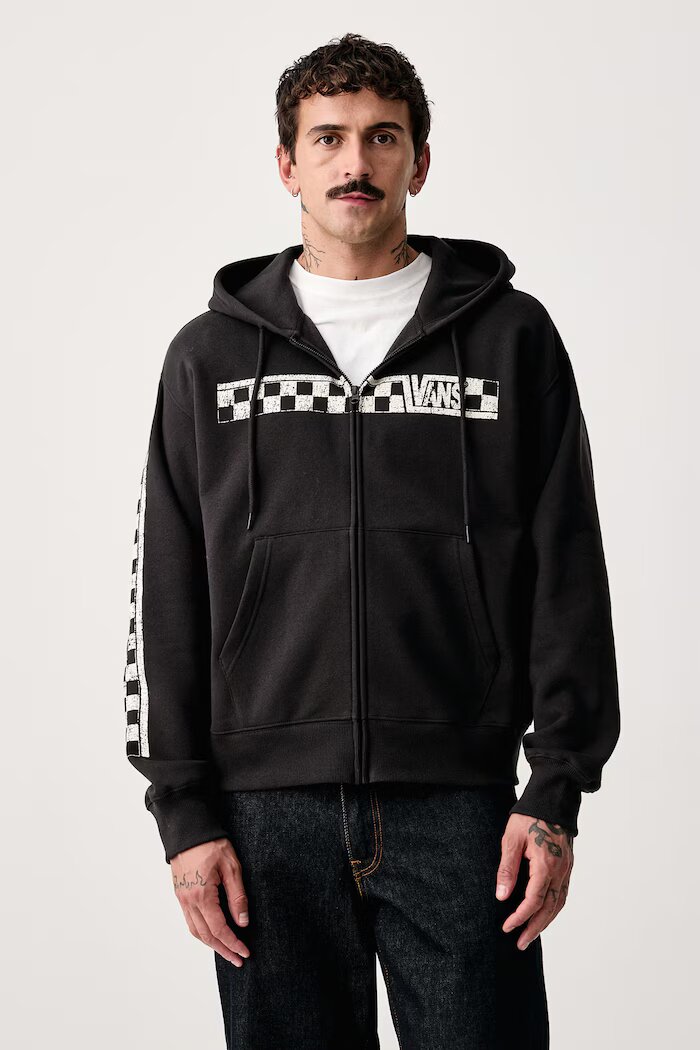 Vans суичър с цип и качулка мъжки с памук черен VN000WT2BLK1