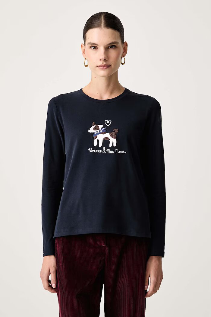 Weekend Max Mara блуза с дълги ръкави дамска от памук с еластан WKDCESTINO тъмносиня 2625946042600
