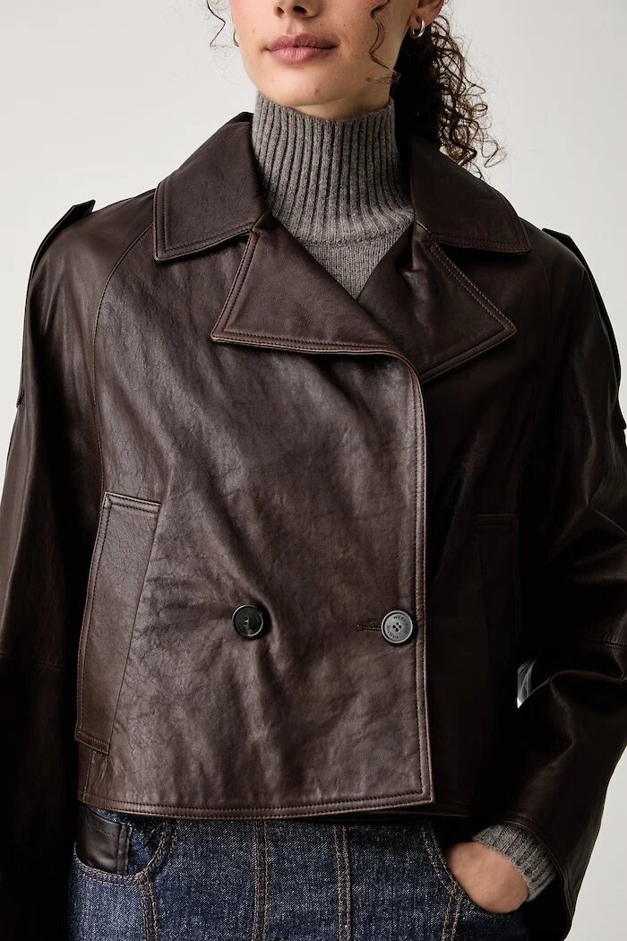 Weekend Max Mara къс шлифер дамски от кожа WKDFELINO кафяв 2625446051600