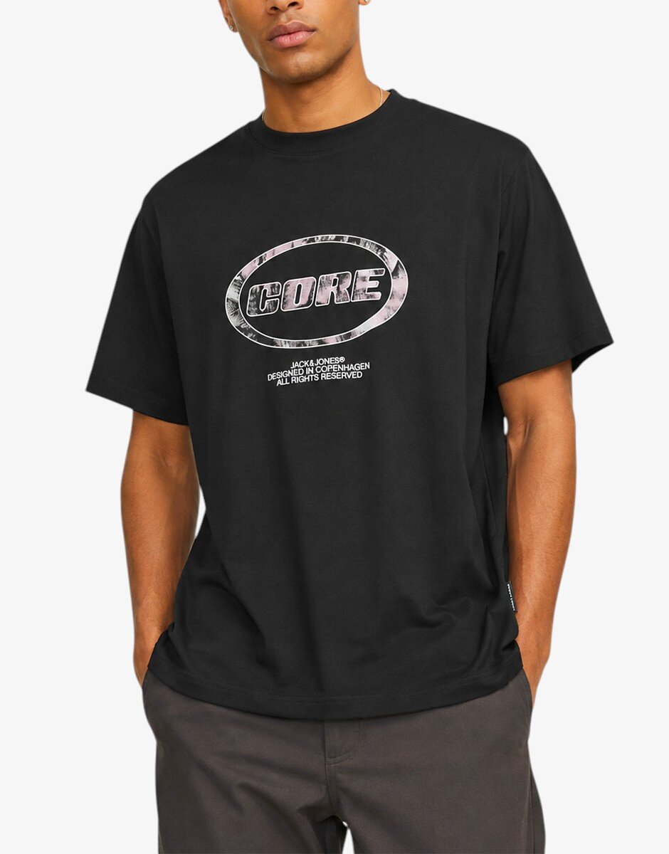 Jack & Jones Jcolido Aop Front Print Tee SS Crew Neck Black