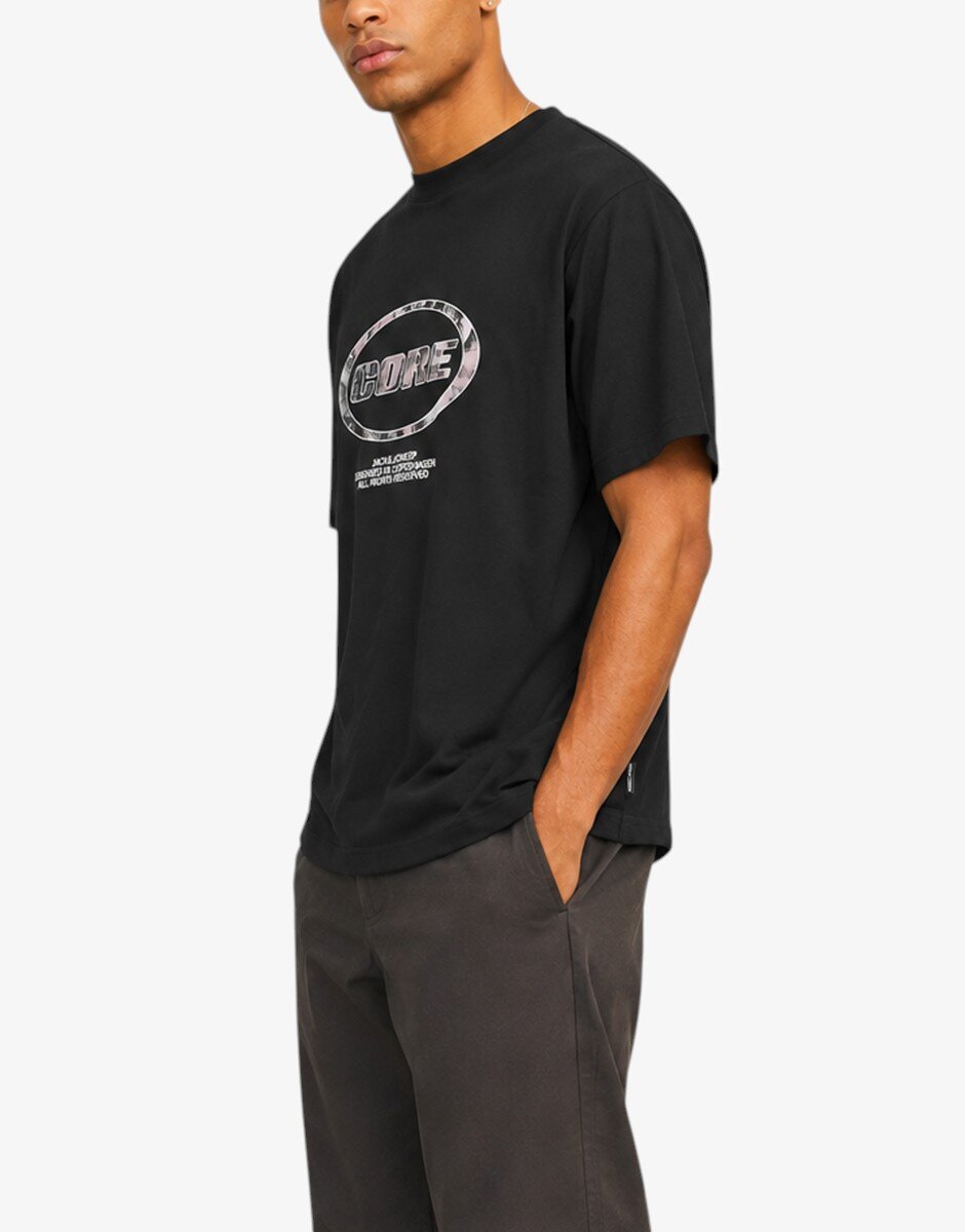 Jack & Jones Jcolido Aop Front Print Tee SS Crew Neck Black