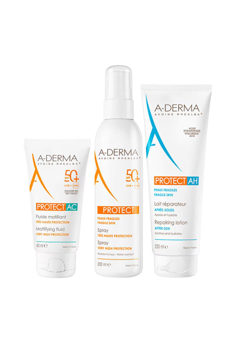 A-Derma Пакет Protect – Матиращ слънцезащитен флуид SPF 50+ - 40 мл + Слънцезащитен спрей SPF 50+ - 200 мл + Възстановяващ лосион за след слънце Protect AH - 250 мл