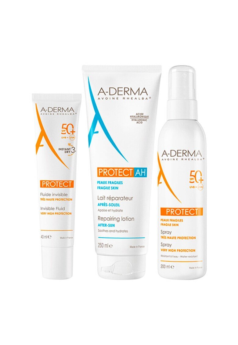 A-Derma Пакет Protect – Невидим слънцезащитен флуид SPF 50+ - 40 мл + Слънцезащитен спрей SPF 50+ - 200 мл + Възстановяващ лосион за след слънце Protect AH - 250 мл