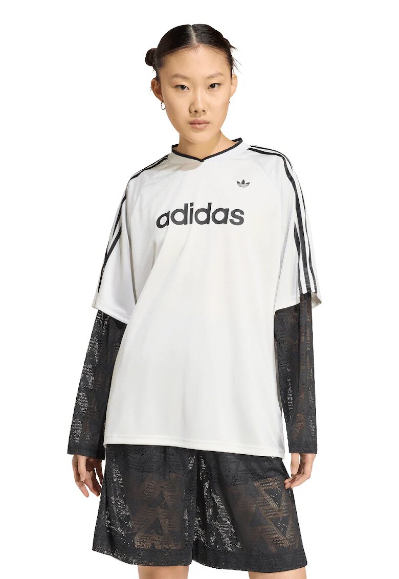 adidas Originals Блуза от жарсе - дантели на ръкавите и лого - Слонова кост/Черен
