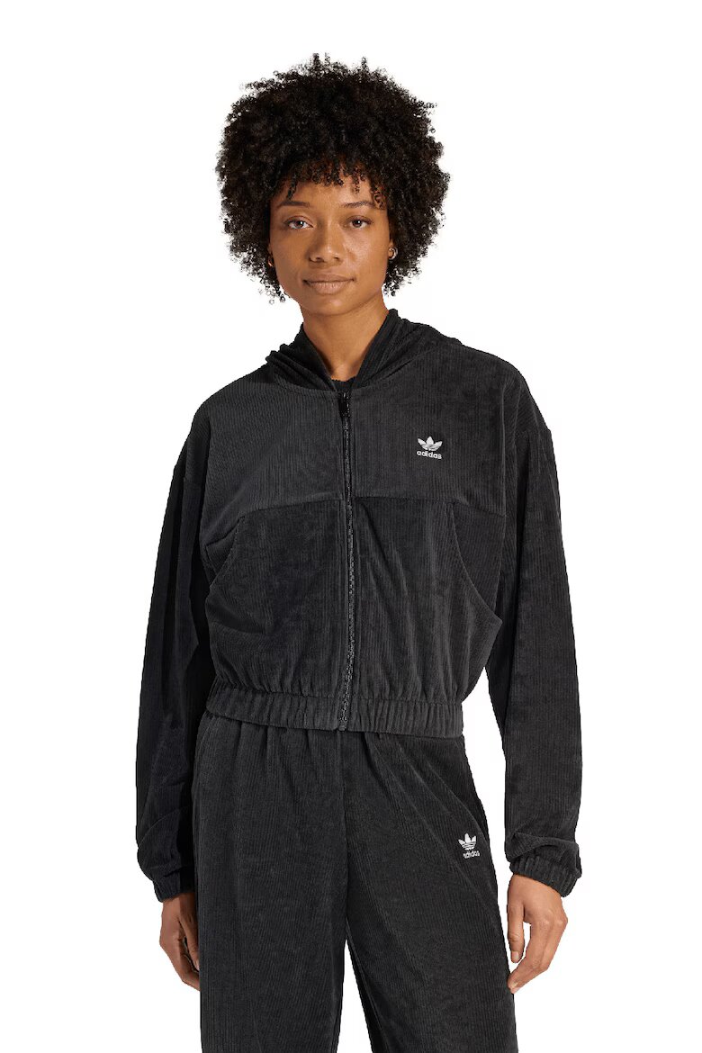 adidas Originals Рипсено худи с цип и джобове - Черен