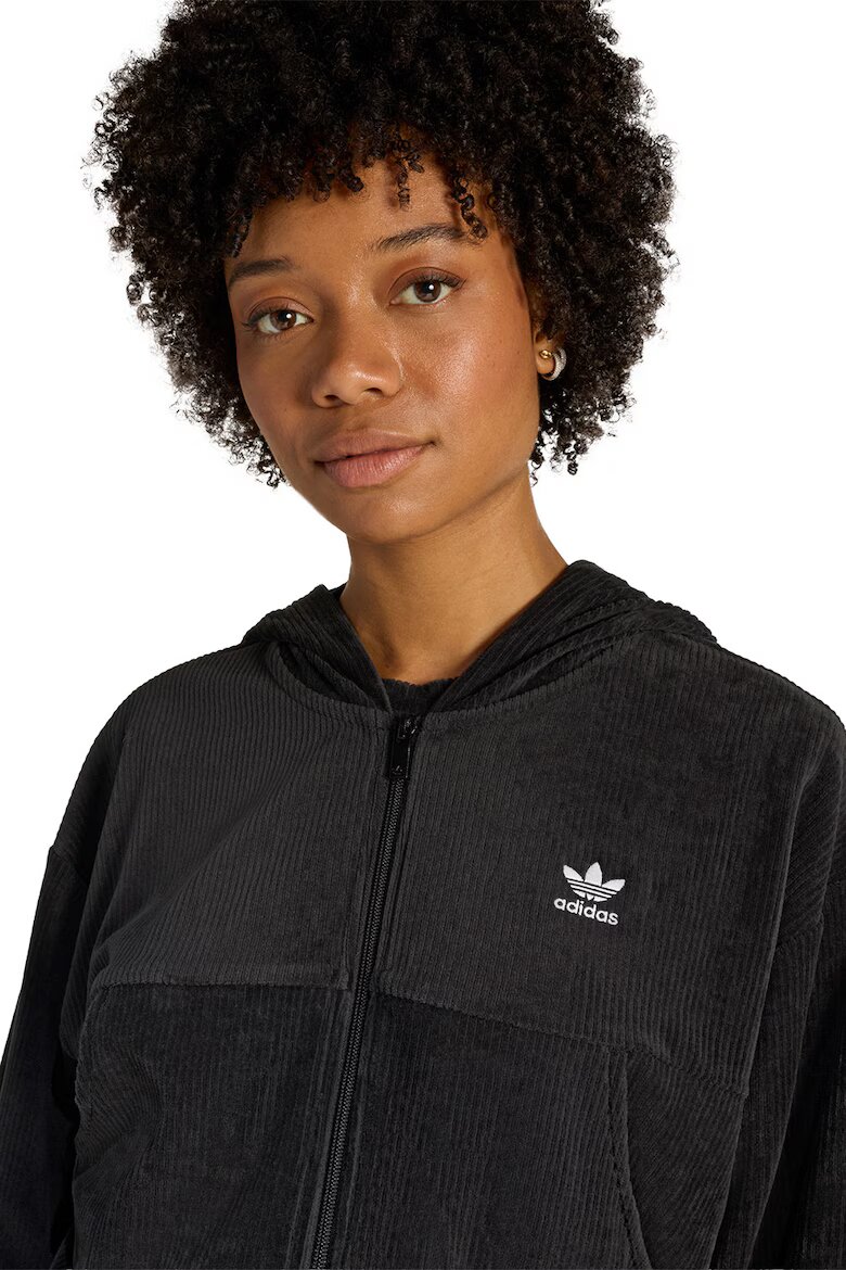 adidas Originals Рипсено худи с цип и джобове - Черен