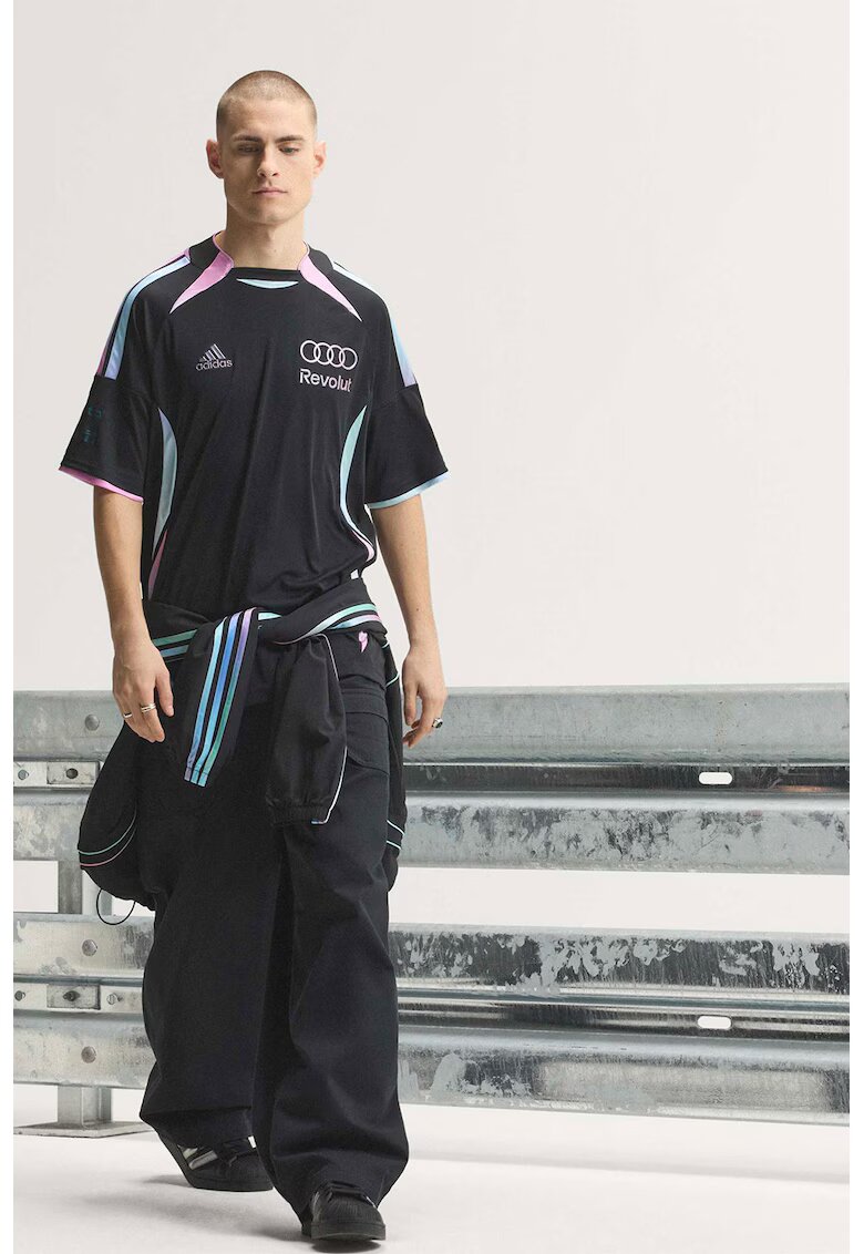 adidas Performance Тениска с овално деколте и лого - Черен/Лилав/Ледено синьо