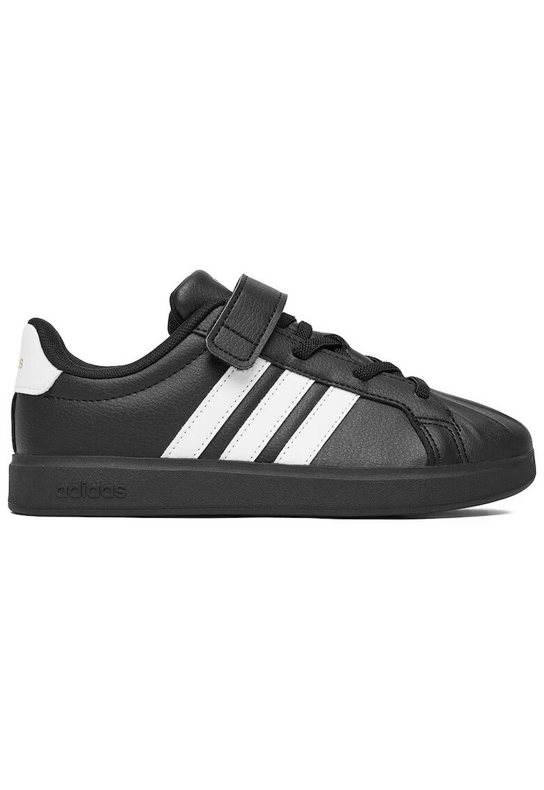 adidas спортни обувки от синтетична кожа за момчета с велкро лента и 3 ивици - черно/бяло