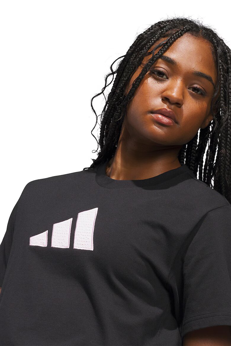 adidas Sportswear Памучна тениска с лого овално деколте и пепит Черен