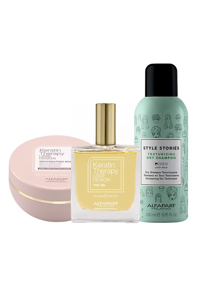 Alfaparf Комплект Lisse Design Keratin Therapy Rehydrating Mask 200 ml - сух шампоан Style Stories 200 ml и Elixir олио с кератин за коса - 50 ml