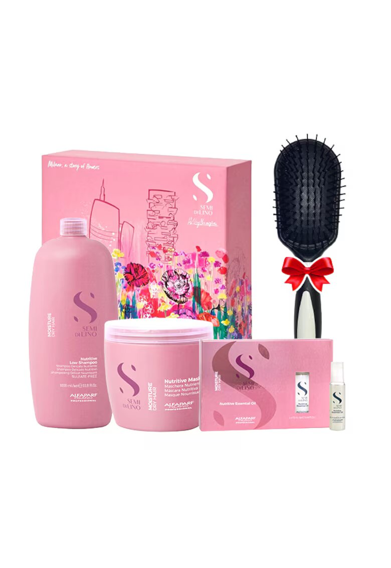 Alfaparf Комплект Semi Di Lino Moisture Nutritive с 1000 ml шампоан - 500 ml маска - 6 ампули x 13 ml масло и четка за коса