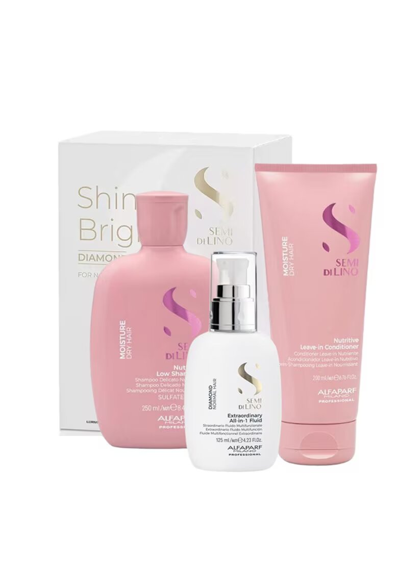 Alfaparf Комплект Semi Di Lino Moisture Nutritive Shampoo - 250 ml - Балсам - 200 ml и Флуид за блясък All-in-1 Diamond Illuminating - 125 ml