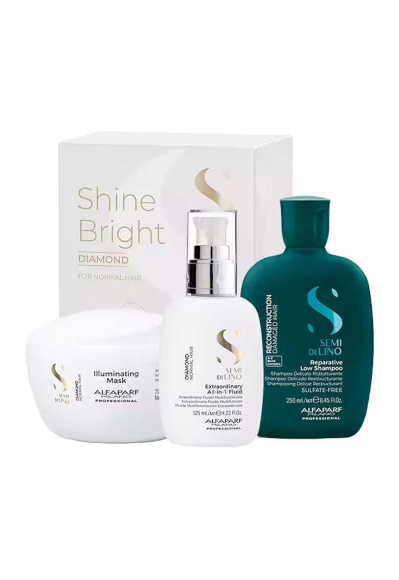 Alfaparf Комплект Semi Di Lino Reconstruction Shampoo - 250 ml и Diamond Illuminating Shine маска за коса - 200 ml и All-in-1 Diamond Illuminating Shine Fluid - 125 ml