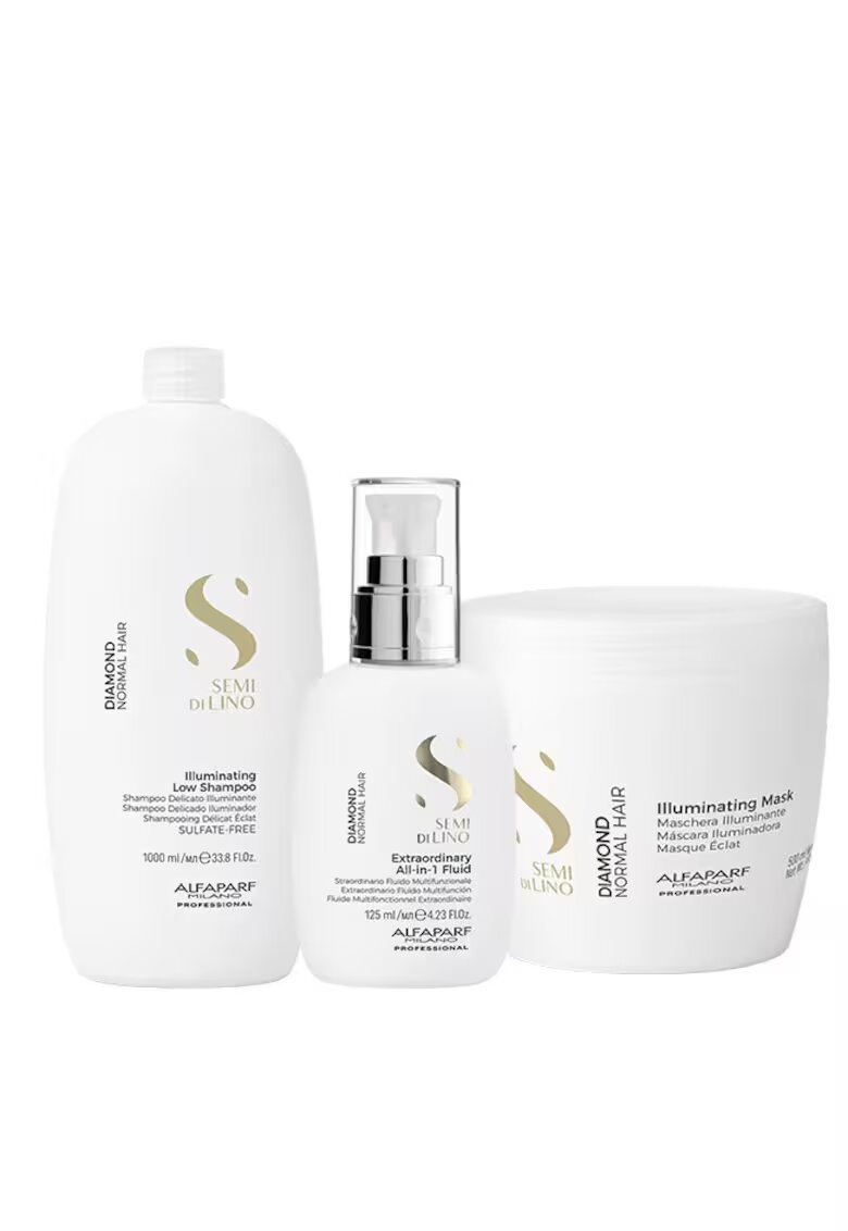 Alfaparf Комплект за блясък Semi Di Lino Diamond Illuminating with Shampoo - 1000 ml - Маска - 500 ml и Флуид за блясък - 125 ml