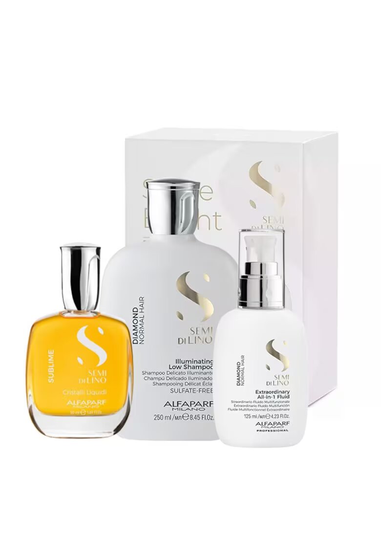 Alfaparf Комплект за блясък Semi Di Lino Diamond Illuminating with Shampoo 250 ml - Флуид за блясък 125 ml и Олио за блясък - 50 ml