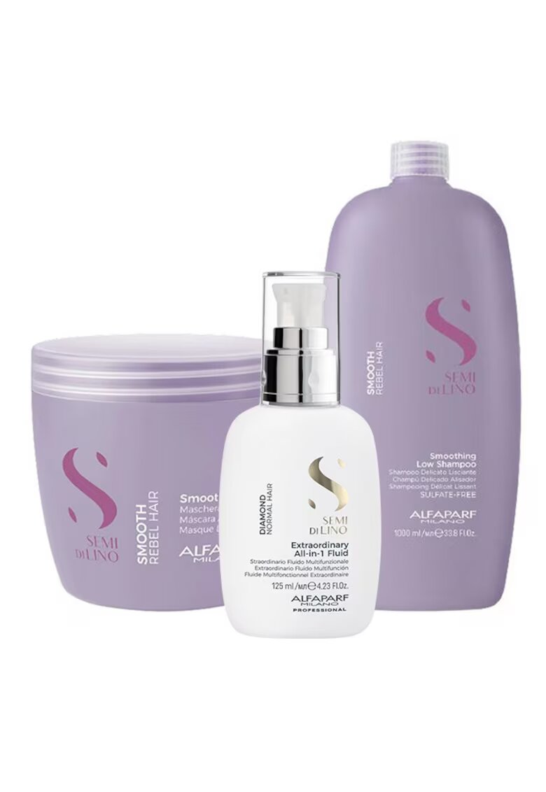 Alfaparf Комплект за изглаждане Milano Semi Di Lino Shampoo - 1000 ml - Маска - 500 ml и Флуид за блясък All-in-1 Diamond Illuminating - 125 ml