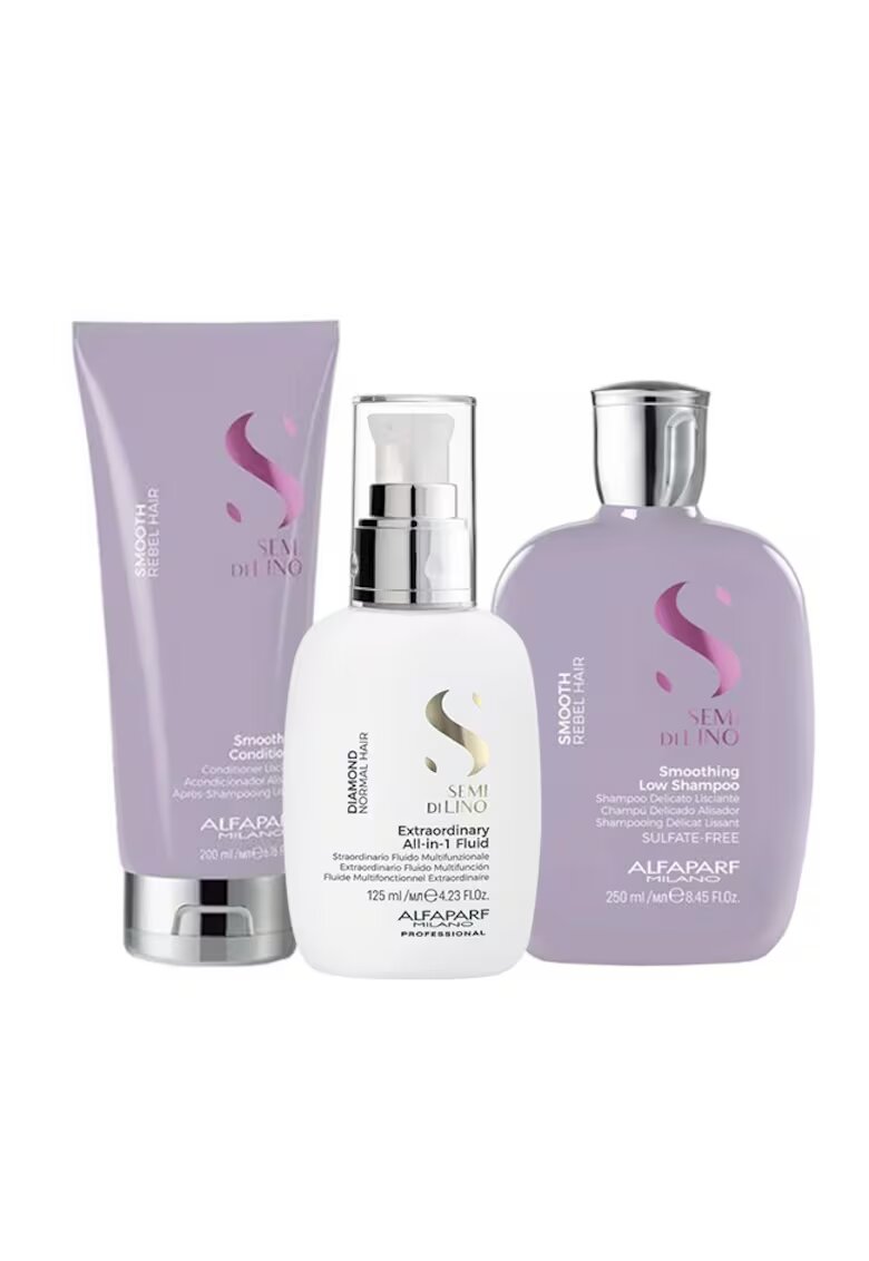 Alfaparf Комплект за изглаждане Milano Semi Di Lino Shampoo - 250 ml и Балсам 200 ml и All-in-1 Diamond Illuminating Shine Fluid - 125 ml