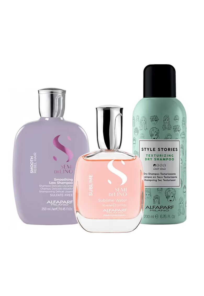 Alfaparf Комплект за изглаждане Milano Semi Di Lino Shampoo - 250 мл - сух шампоан Style Stories 200 мл и парфюмирана вода за коса и тяло Sublime Water 50 мл
