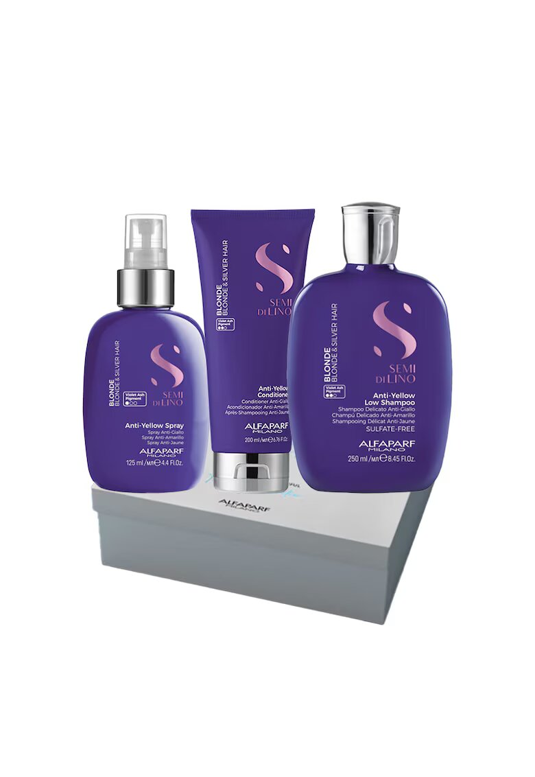 Alfaparf Milano Комплект Semi Di Lino Blonde за неутрализиране на жълтите тонове - Шампоан мл - Балсам 200 мл - Спрей 125 мл