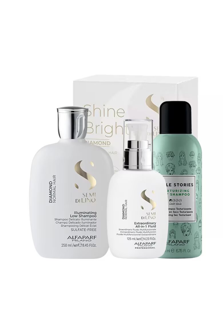 Alfaparf Semi Di Lino Diamond Illuminating Shine Комплект с шампоан - 250 мл - сух шампоан Style Stories 200 мл и флуид за блясък - 125 мл