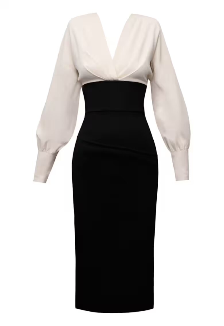 Alina Cernatescu Lunaria Midi Dress With Chest Drapped Details - Черен/Светло бежово