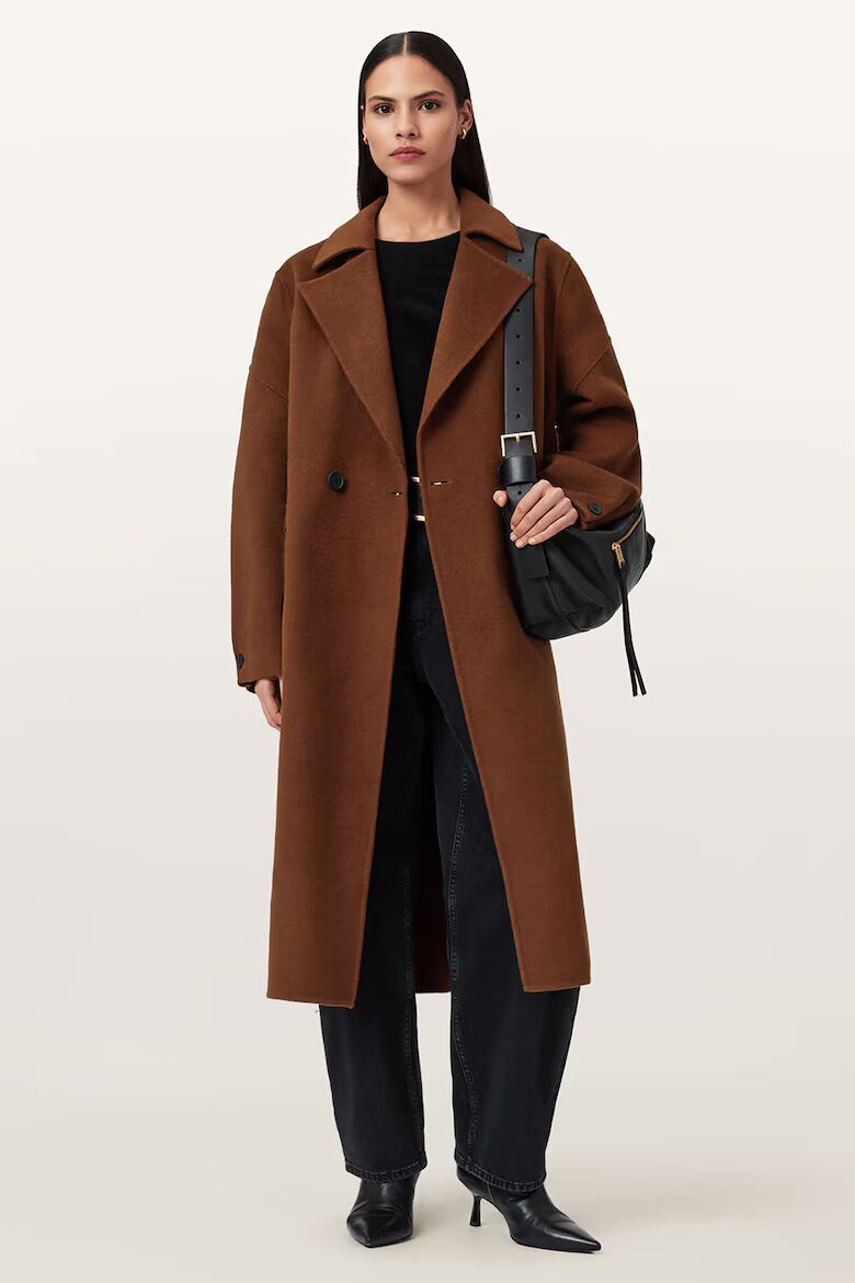 AllSaints Дълъг тренч Sellma с вълна и копчета Кафяв