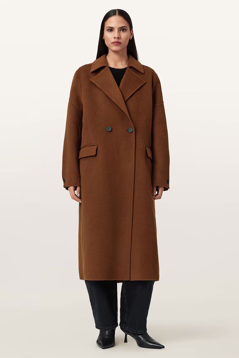 AllSaints Дълъг тренч Sellma с вълна и копчета Кафяв