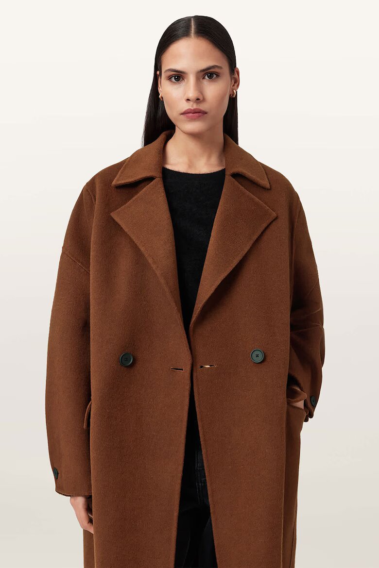 AllSaints Дълъг тренч Sellma с вълна и копчета Кафяв