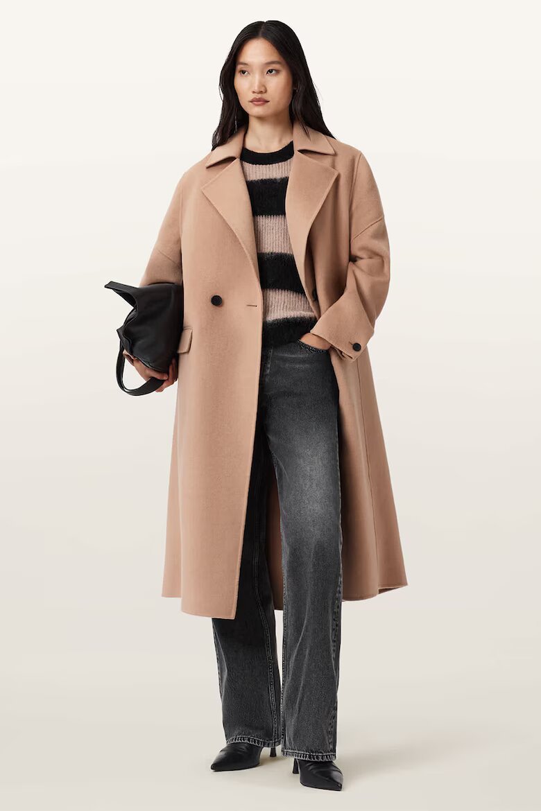 AllSaints Дълъг тренч Sellma с вълна и копчета Светлокафяв